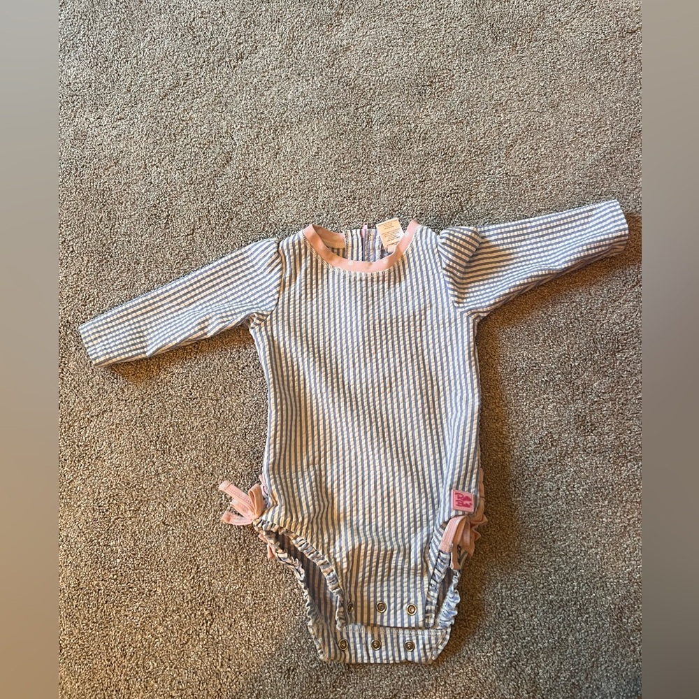 Seersucker Long Sleeve Rash Guard Bikini blue and white 6-12 months
